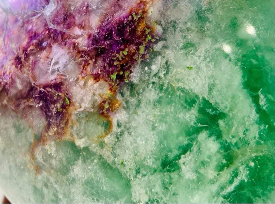 Fluorite Sphere with Golden Healer and Garden Quartz inclusions